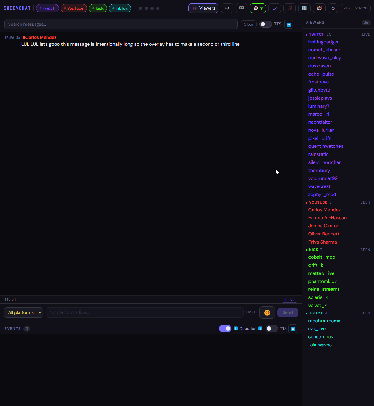 SheevChat unified chat, viewers, and events running together