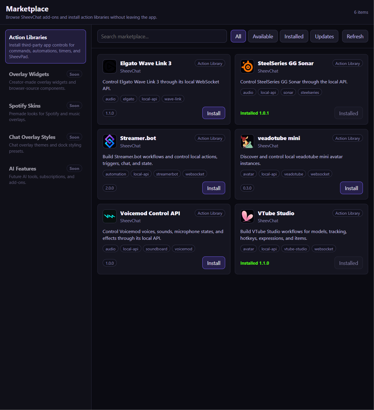 Browsing Action Library integrations in the SheevChat Marketplace