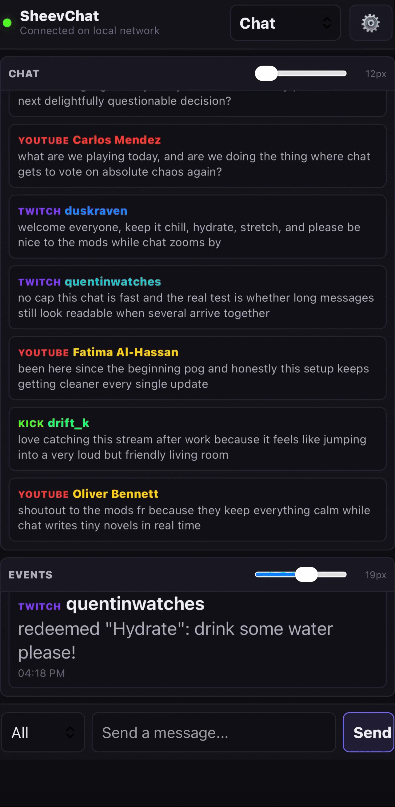 Using SheevChat chat and controls from a mobile device