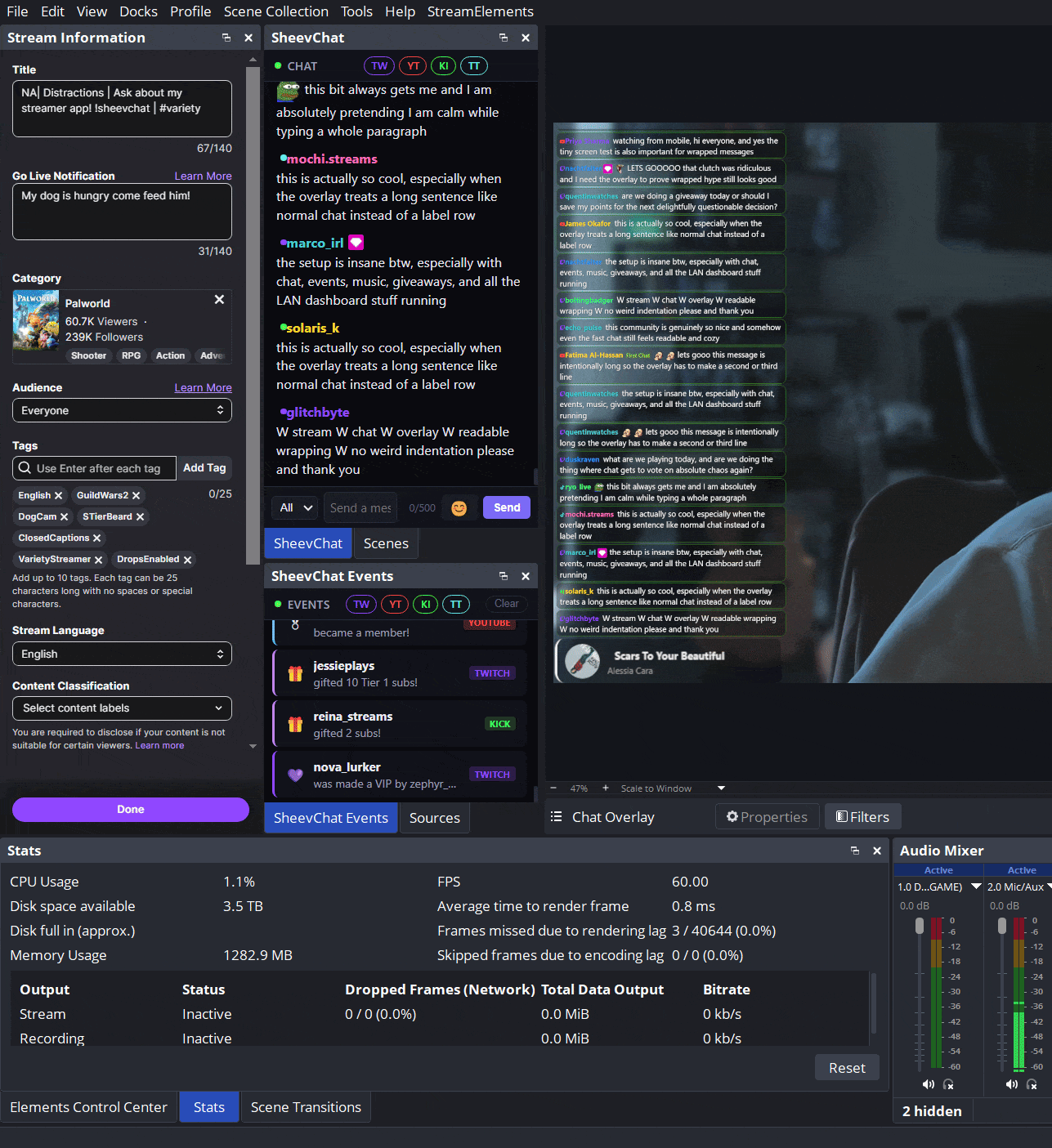 SheevChat OBS overlays and streaming docks in action